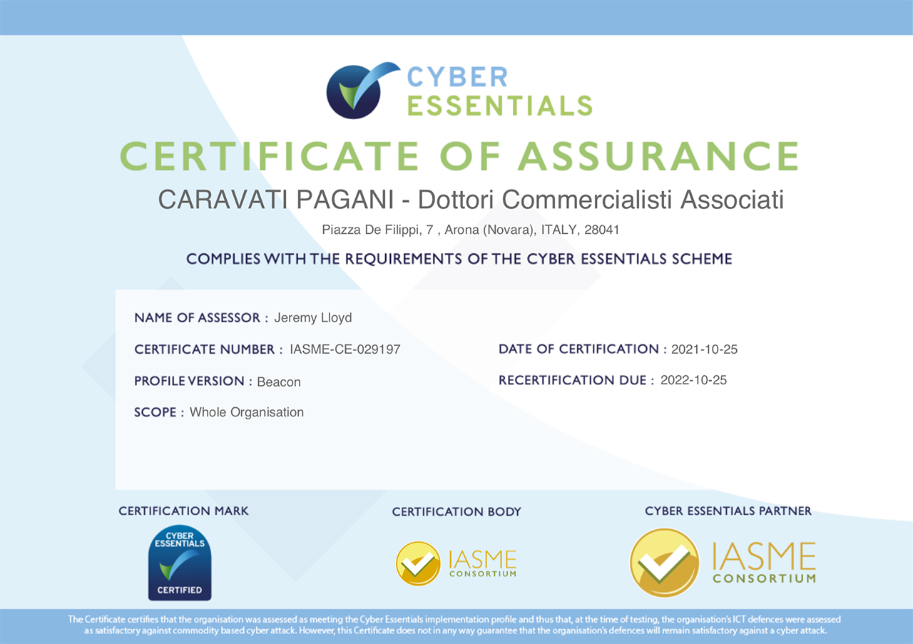 CYBER SECURITY ESSENTIAL RECONFIRMS THE CERTIFICATION TO CARAVATI PAGANI